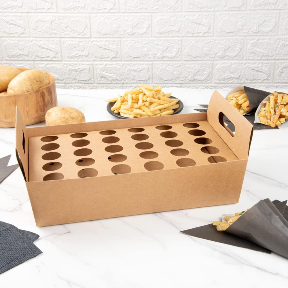 Private Label Restaurantware Cone Tek 14.2 x 8.3 x 5.9 Inch Paper Cone Holders 10 Sturdy Cone Holders - With Handles 30 Slots Kraft Paper Confetti Cone Stand Box Tray For Weddings or Parties Wholesale Manufacturer