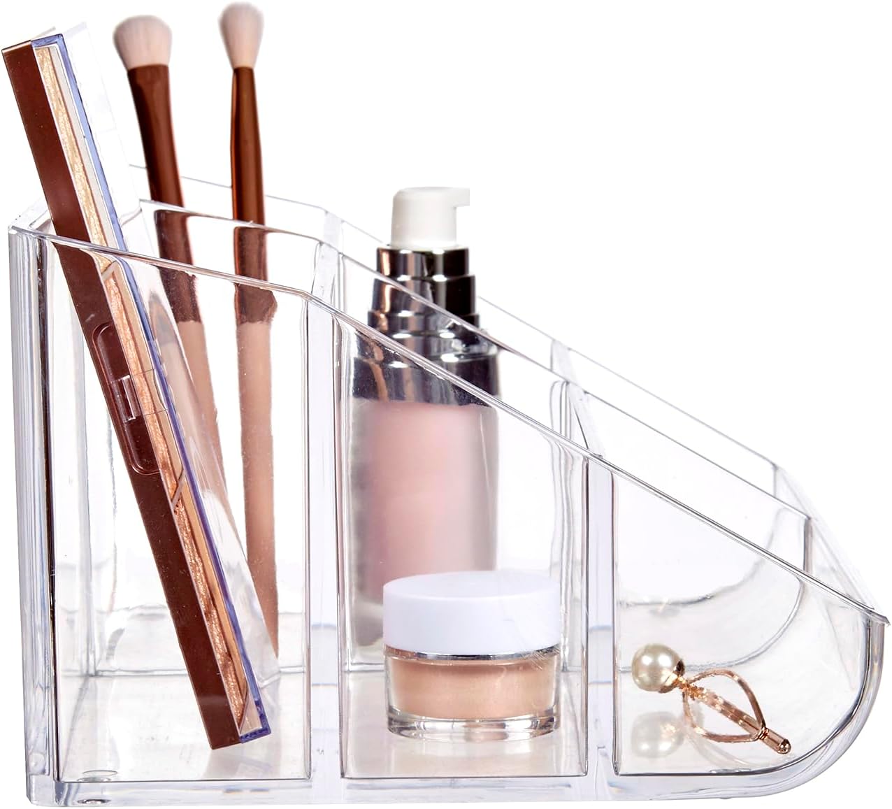Private Label STORi Clear Plastic Vanity Makeup Organizer | 6-Compartment Holder for Brushes, Eyeshadow Palettes, & Beauty Supplies | Curved Front Design | Made in USA Factory Direct Price