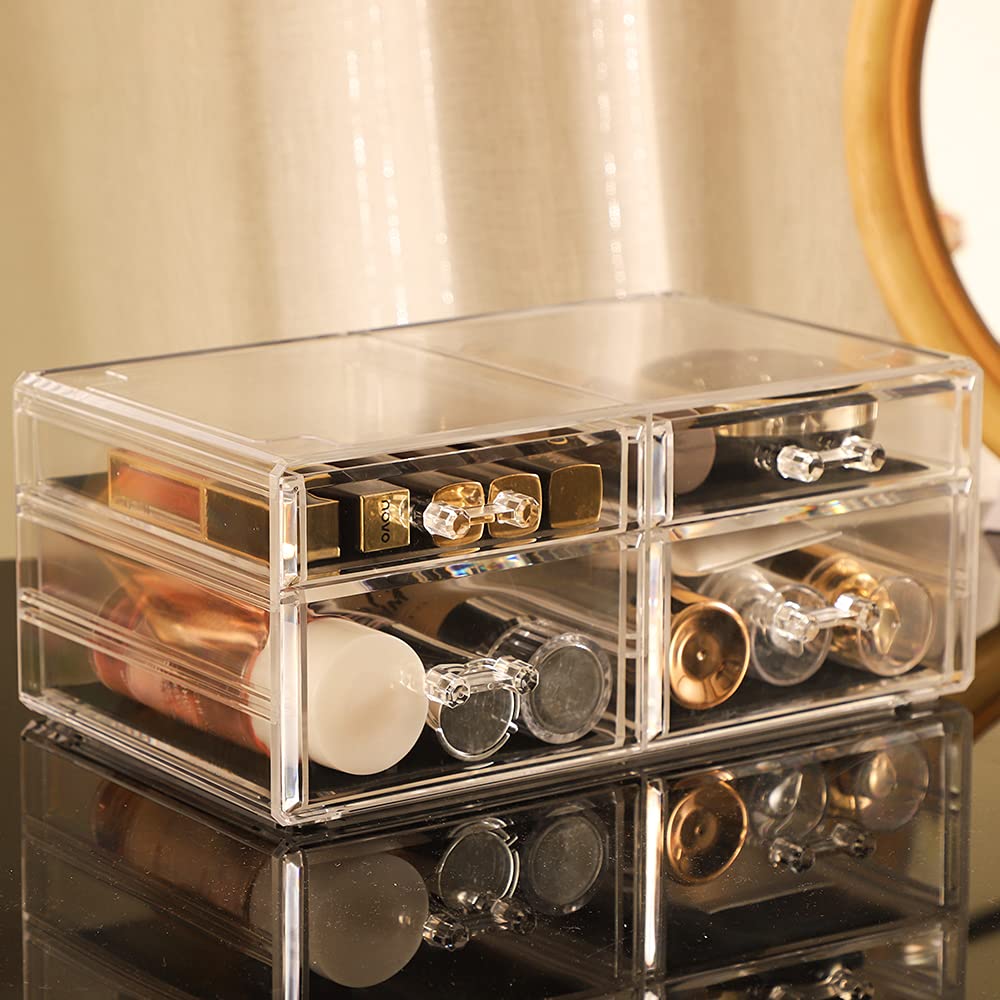 Private Label Acrylic Clear Makeup Organizers With 4 Drawers,Rectangular Office Stationery Supplies Plastic Storage Containers,Stackable Acrylic Drawers Suitable for Office,School,Home Cute Desk Organizer,Pack of 1 Custom Logo Service