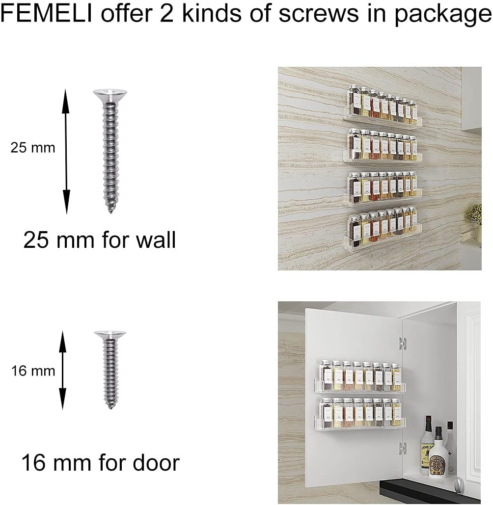Private Label FEMELI Acrylic Wall Mount Spice Rack - 15 Inch, 4 Pack Hanging Spice Rack Shelf for Cabinets, Cupboard or Pantry Door, Kitchen Organizer Dropshipping Friendly