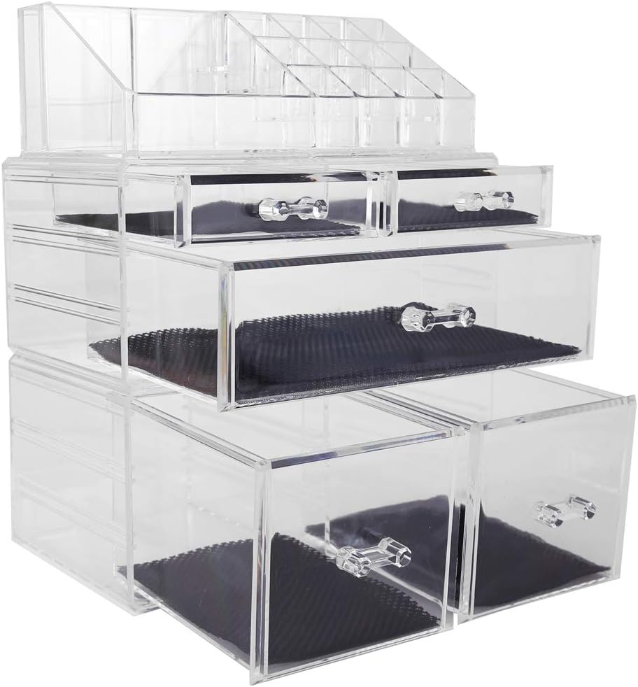 Private Label Sooyee Makeup Organizer,Acrylic Cosmetic Organizer Storage Drawers Jewelry and Cosmetic Display Cases Box(5 Drawers 7 Tiers) 3 Pieces Stackable,Clear Custom Logo Service