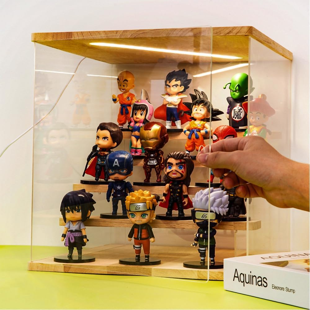 Private Label Lighted Display Case – Clear Acrylic Display Box with LED Light, 2 to 5 Tier Dustproof Stand for Collectibles, Action Figures, Funko Pop, Vitrinas para Colecciones (3 Tier 12.6x2.5x10.4inch) Ecommerce Ready Product