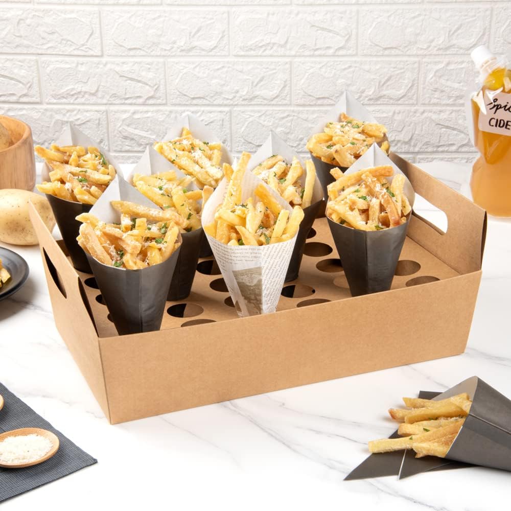 Private Label Restaurantware Cone Tek 14.2 x 8.3 x 5.9 Inch Paper Cone Holders 10 Sturdy Cone Holders - With Handles 30 Slots Kraft Paper Confetti Cone Stand Box Tray For Weddings or Parties Wholesale Manufacturer