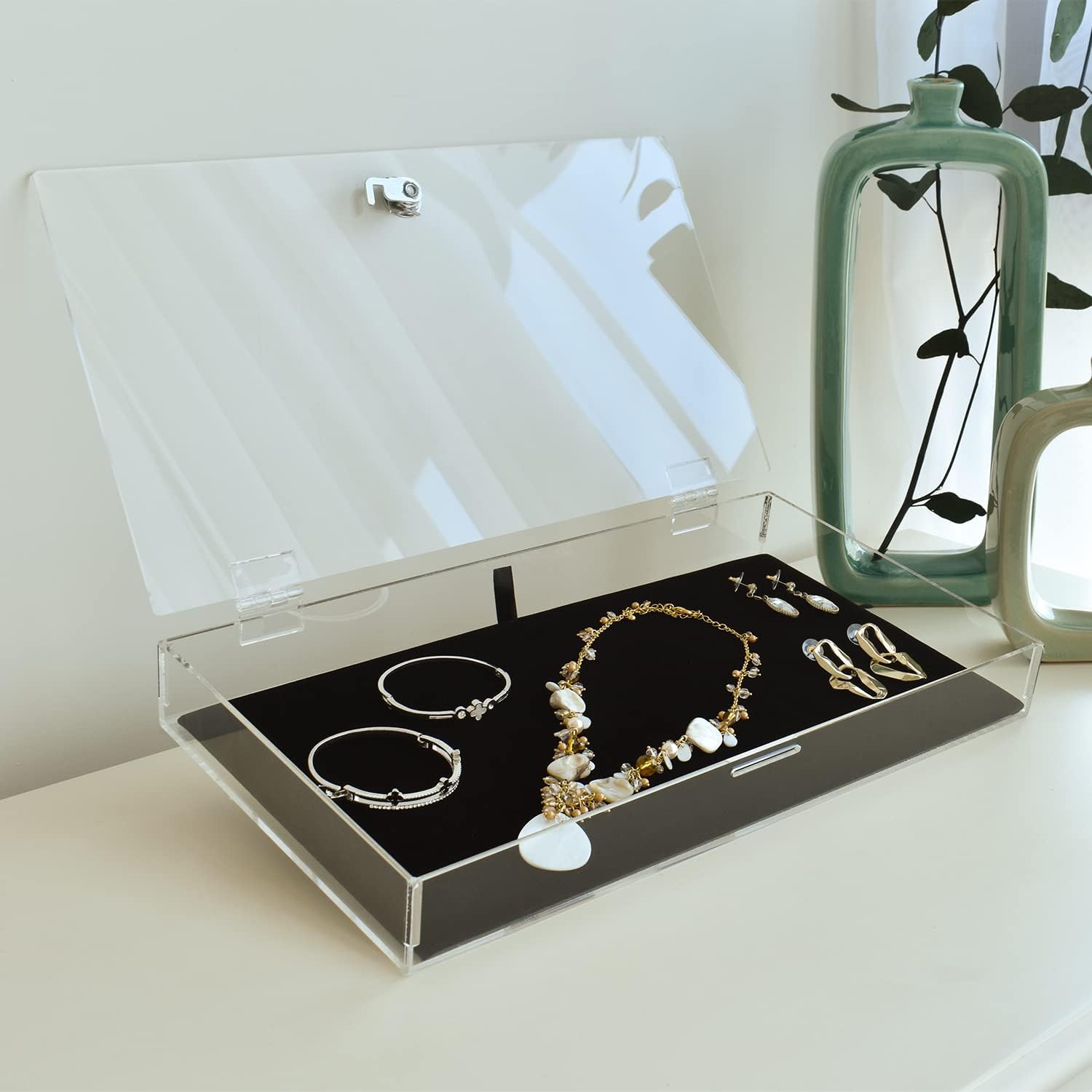 Private Label MOOCA Acrylic Rectangular Marketing Holder Locking Security Showcase Safe Box Display Tray, Perfect for Watches Jewelry, Knives, Eyewear with a Key and a Black Padding Custom Mold Development