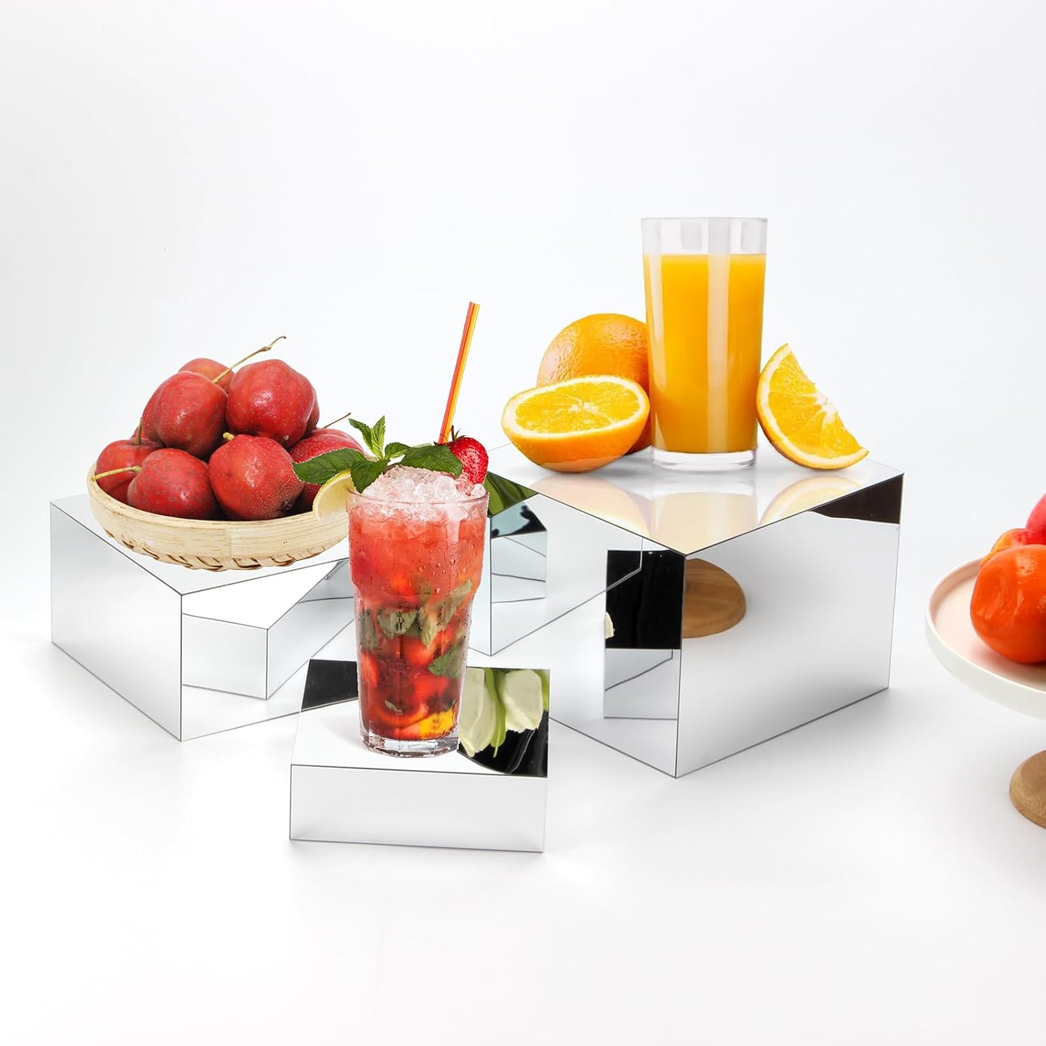 Private Label Acrylic Silver Mirror Display Riser, 3 Pcs Glossy Silver Risers for Display Food Display Lifter Nesting Display Risers Hollow Bottom, Acrylic Box Rack Perfume Cosmetics Collection Stand OEM Wholesale Manufacturer
