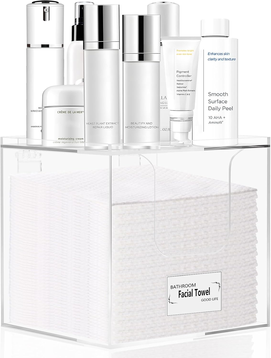 Disposable Face Towel Holder Box, Acrylic Storage Box Compatible with Clean Skin Club Face Towels XL, Makeup Organizer with Lid, Clear Acrylic Face Towel Holder for Bathroom, Vanity Makeup