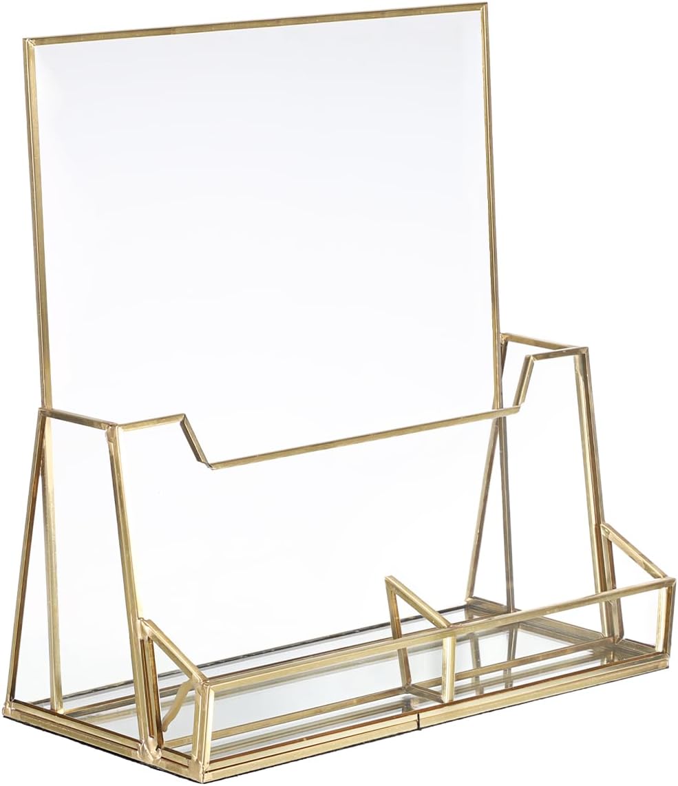 BTSKY Golden Glass Brochure Holder 8.5 x 11 Inches, Countertop Pamphlet Holder Display Stand with Business Card Holder, Trifold Flyer Holder, Clear Elegant Brochure Display Stand for Magazine Booklets