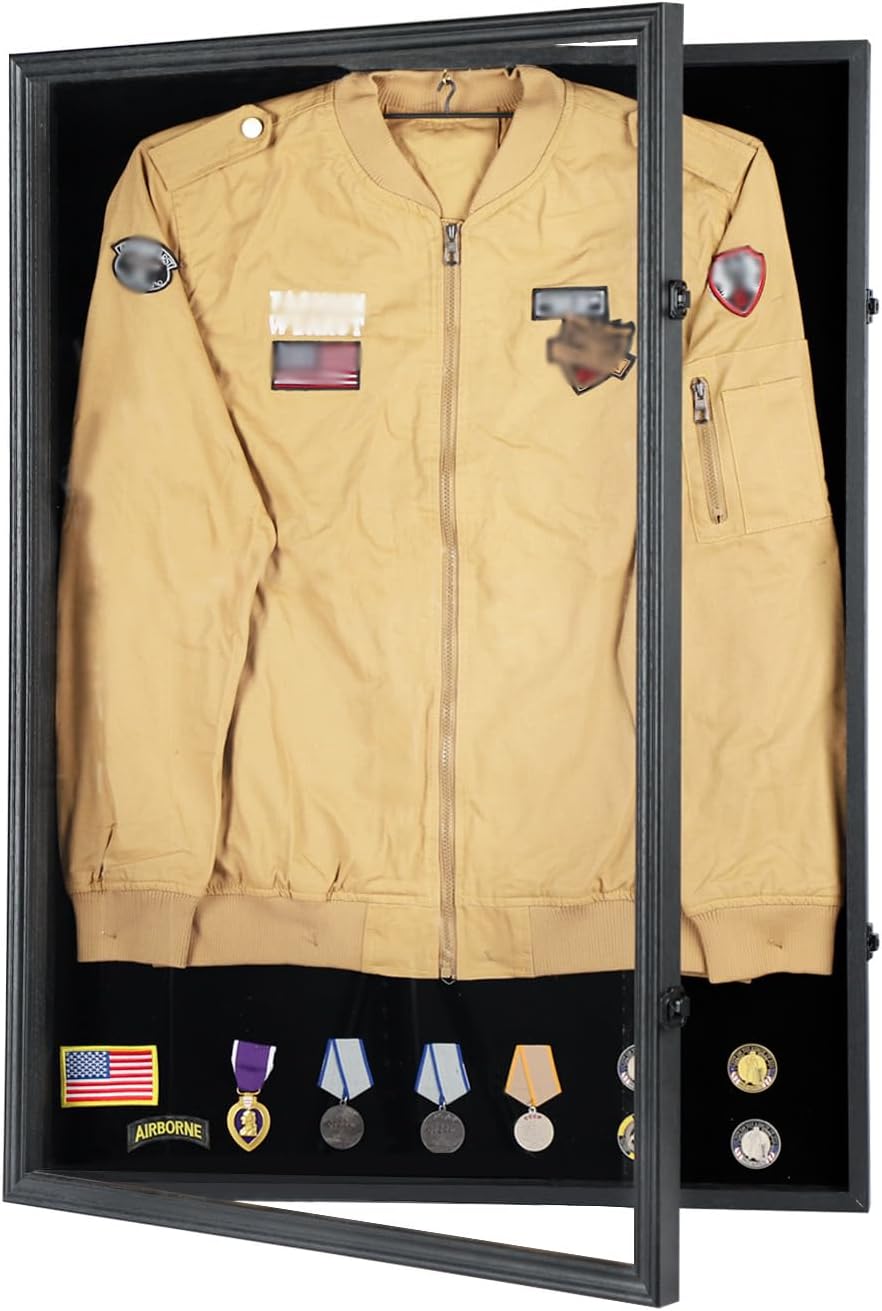 Military Uniform Display Case - Police Uniform Display Case - Lockable Wall Mount Cabinet with UV Protection Acrylic Door for Military Uniform, Jacket, XXL Jersey, Badage-Black