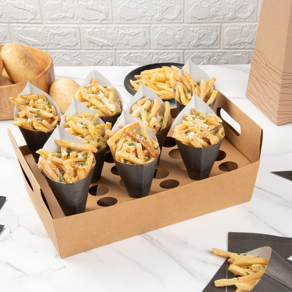 Private Label Restaurantware Cone Tek 14.2 x 8.3 x 5.9 Inch Paper Cone Holders 10 Sturdy Cone Holders - With Handles 30 Slots Kraft Paper Confetti Cone Stand Box Tray For Weddings or Parties Wholesale Manufacturer