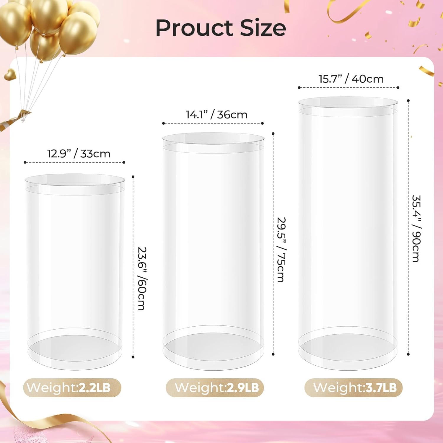 Private Label Cylinder Pedestal Stands for Party – 3 Pcs Clear Acrylic Display Pedestals for Wedding, Birthday, Party and Event Decoration – 35.4''H, 29.5''H, 23.6''H OEM Wholesale Manufacturer