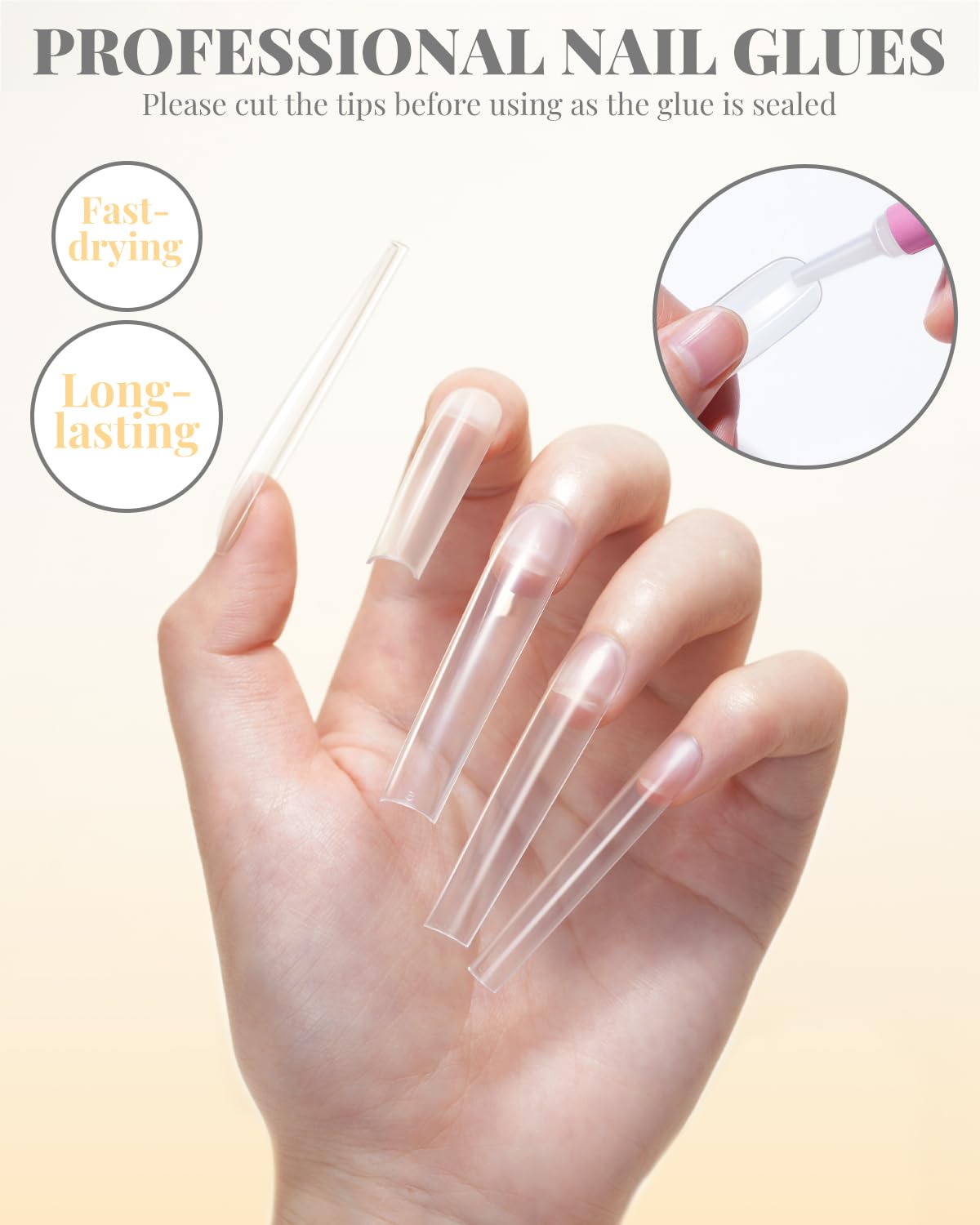 Private Label MORGLES Extra Long Tapered Square Nail Tips, 240 Pcs 3XL Full Cover Fake Tips Clear Nail Kit with Glue, Clipper, Files and Cuticle Fork for Acrylic Home DIY with Box Custom Logo Service