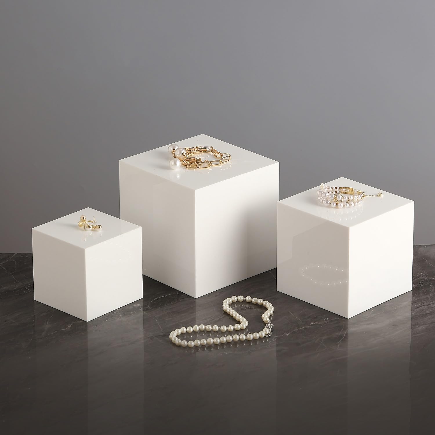 ODM Glossy White Acrylic Cubes Display Nesting Risers,for displays and photography,displaying jewelry, cosmetics, figures,for retail counter,exhibition, Set of 3(4",5",6" cubes) (Glossy White) Custom Logo Service