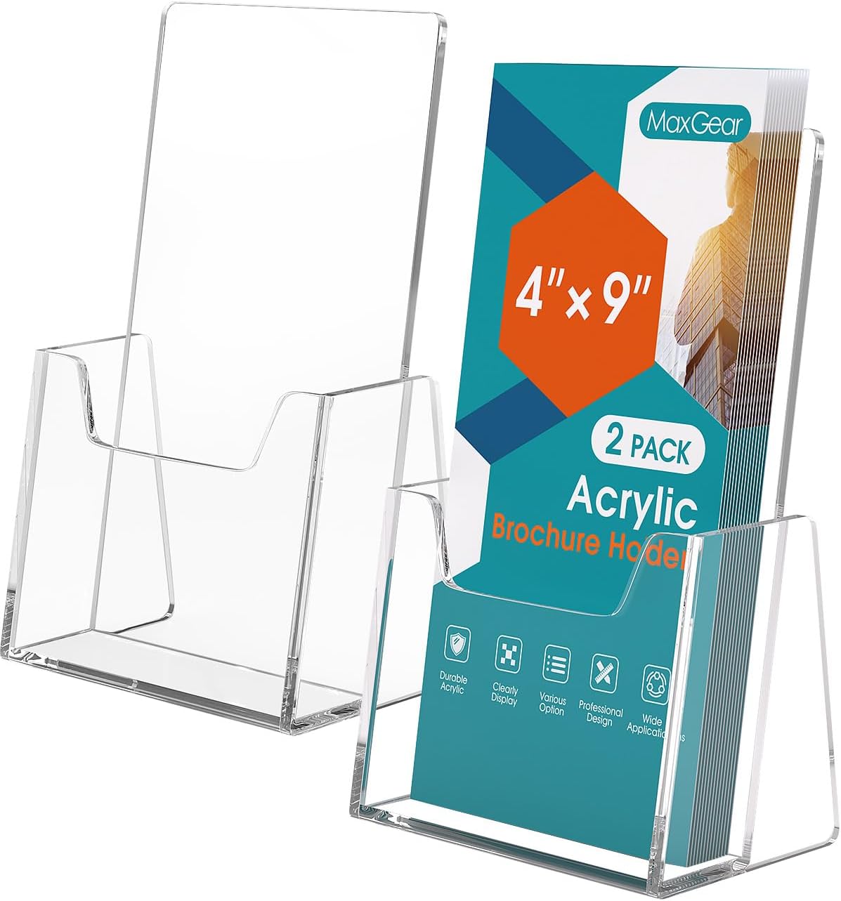 MaxGear Brochure Holder 2 Pack, 4 Inches Wide Acrylic Display Stand Clear Pamphlet Holders Flyer Holder Rack Card Holders Countertop/Desk Organizer for Trifold, Booklet, Literature, Magazine