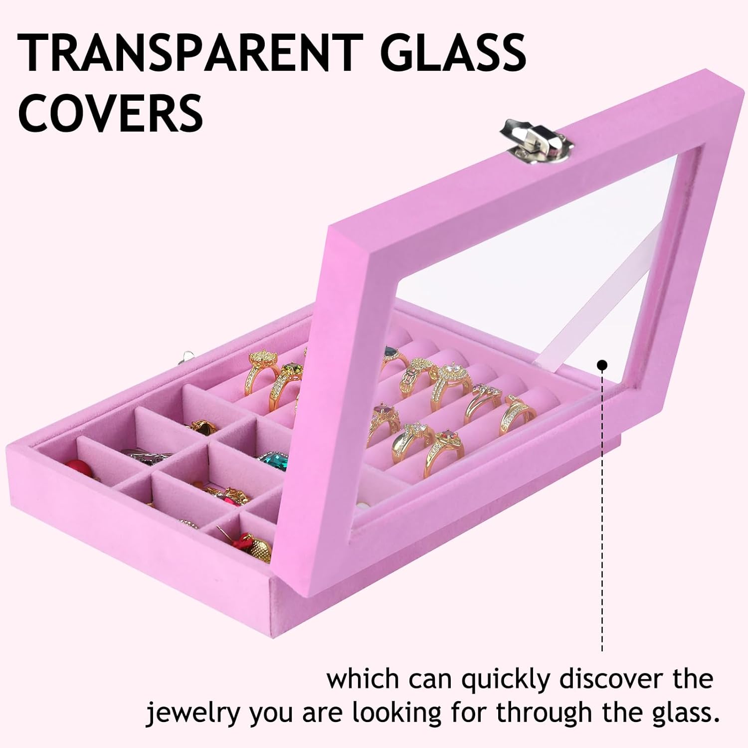 Direct Manufacturer habgp Velvet Jewelry Box Ring Holder for Women, Pink Earring Display Storage Showcase with Clear Lid, Rings Earrings Studs Holder Organizer Box Tray Case for Her Girls Mom Wife Women Low MOQ