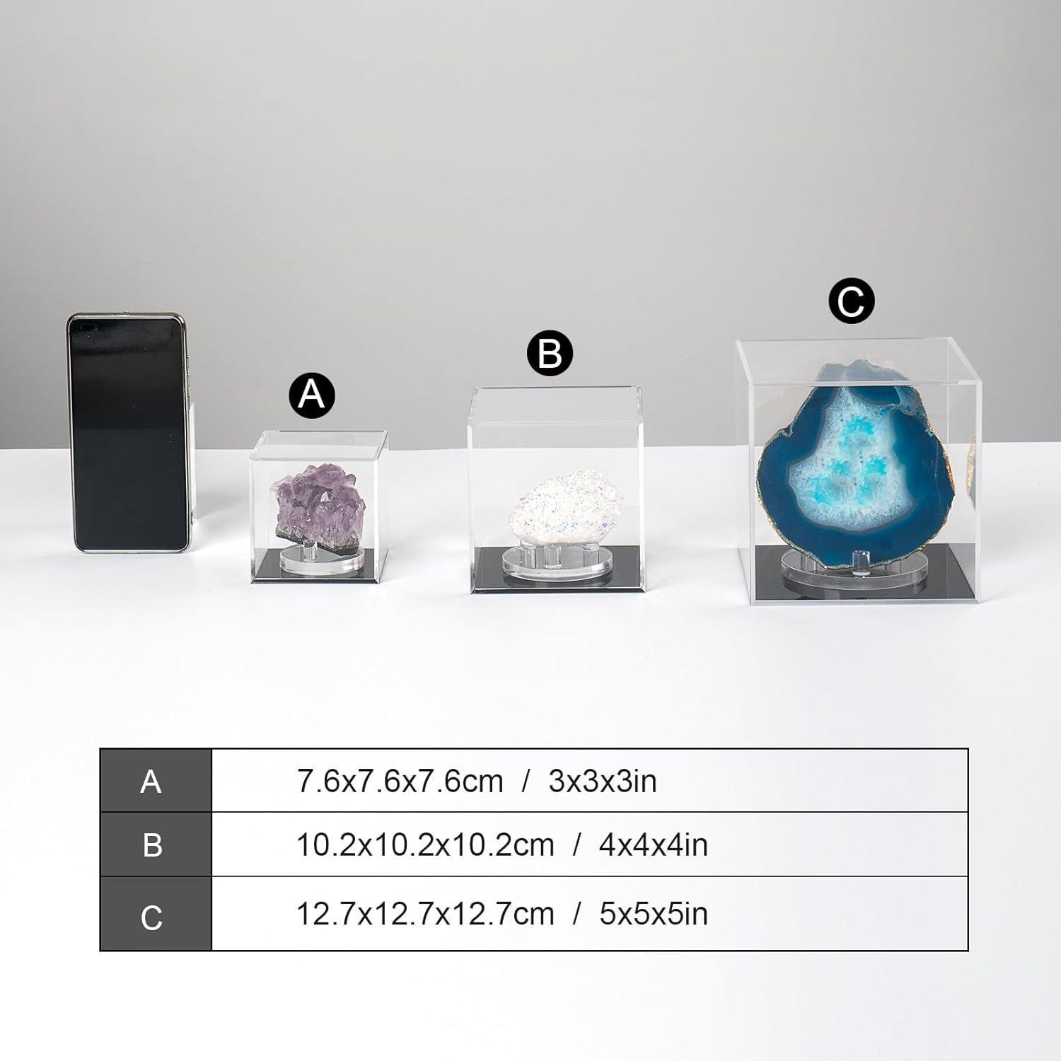 ODM Clear Acrylic Boxes for Collectibles Display, Removable Countertop Storage Box Cube Organizer Stand Riser, Dustproof Protection Showcase for Crystals Minerals Slab Fossil Coral, 3x3x3Inch Custom Logo Service