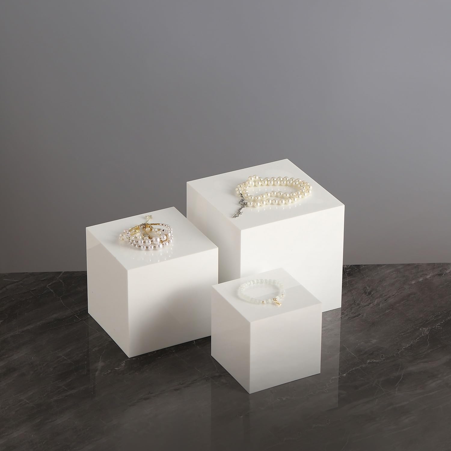 ODM Glossy White Acrylic Cubes Display Nesting Risers,for displays and photography,displaying jewelry, cosmetics, figures,for retail counter,exhibition, Set of 3(4",5",6" cubes) (Glossy White) Custom Logo Service