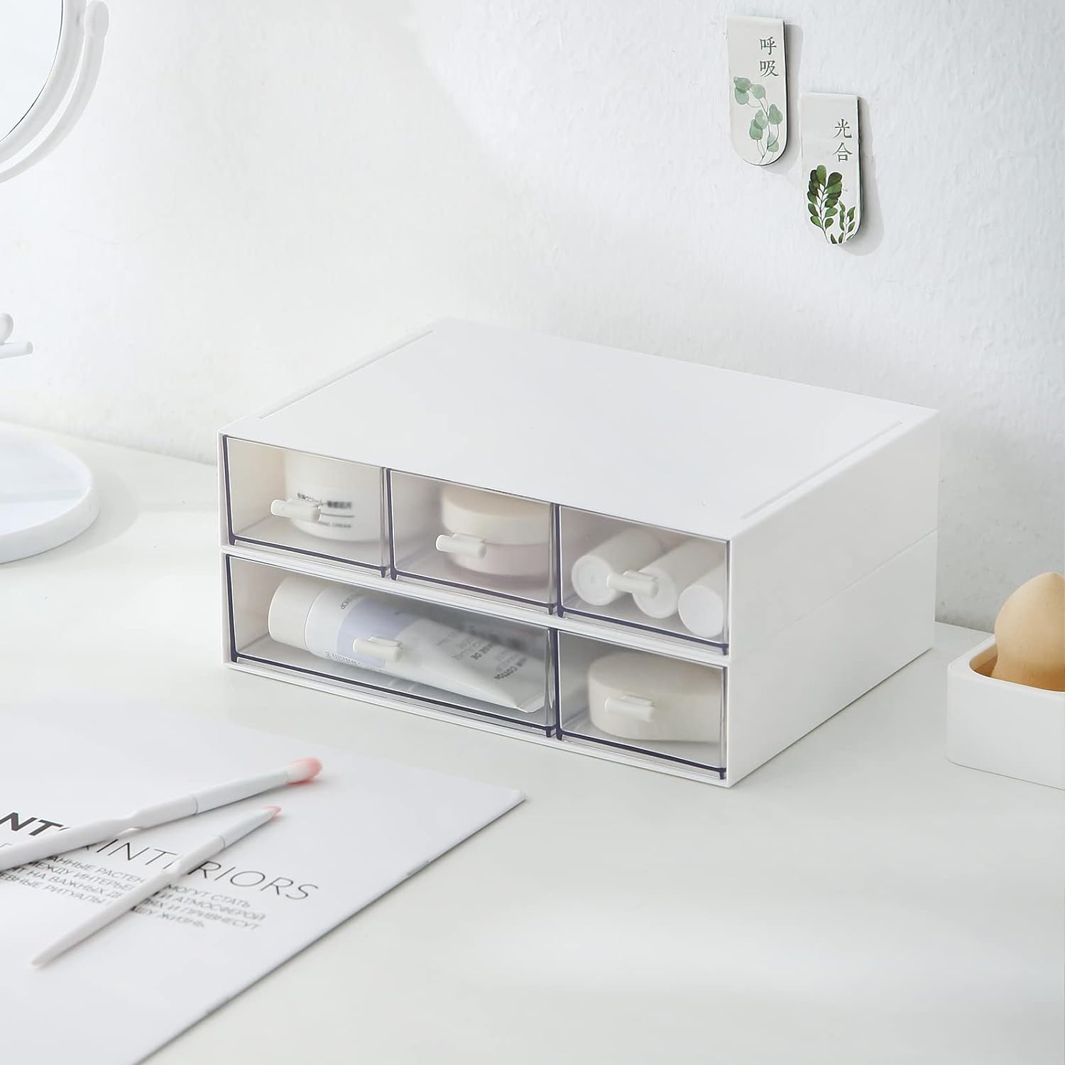 Private Label Desk Organizer with 6 Drawers, Makeup Organizer, Plastic Cosmetic Organizer, Bathroom Organization Boxes, Desktop Storage Box(White) Custom Logo Service