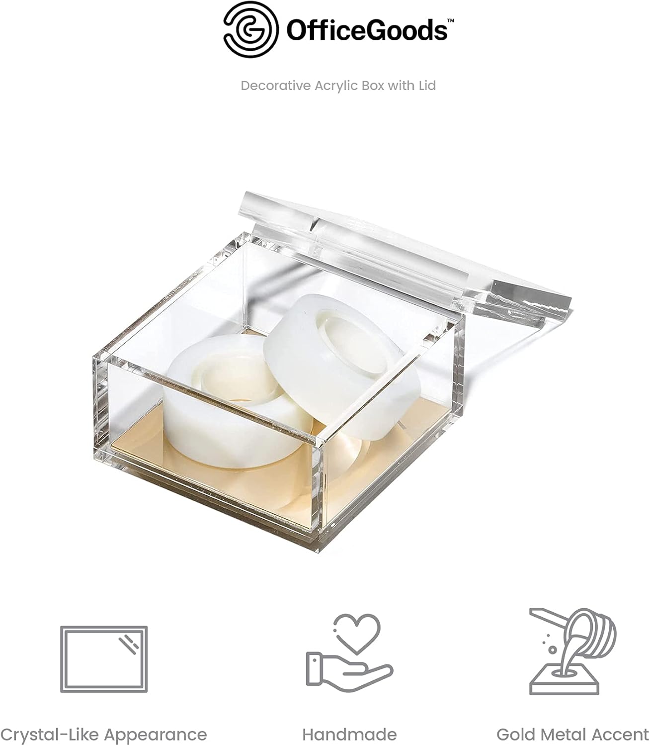 Private Label OfficeGoods Acrylic Desk Organizer w/Gold Base – Functional & Elegant Odds & Ends Box for Display or Storage – Perfect for Home or Office, Kitchen, Bathroom Vanity, Curio Display - Large Custom Logo Service