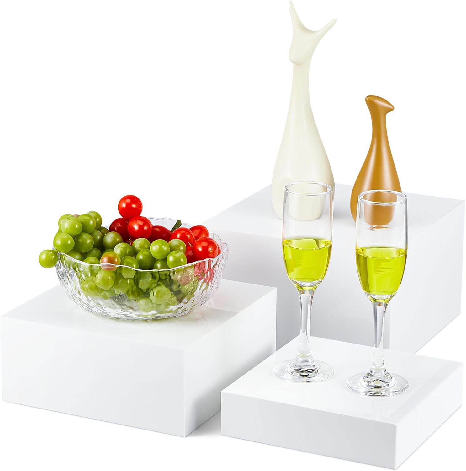 Jerify 3 Pcs White Buffet Risers, Food Risers for Buffet Table Display Stand Boxes 8" 9" 10" Acrylic Cube Display Nesting Shelf with Hollow Bottoms for Catering Dessert Jewelry Figures Show(White)