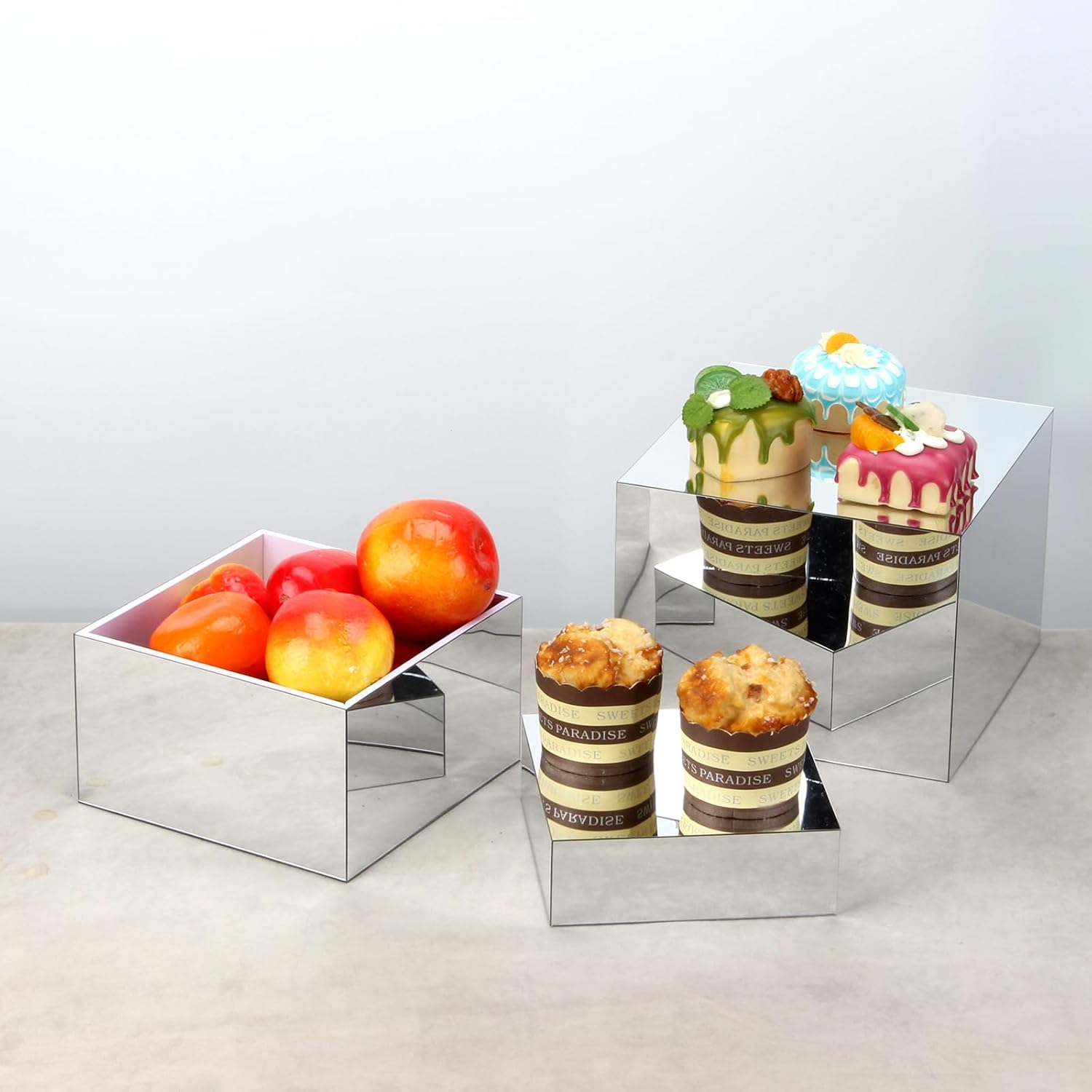 Private Label Acrylic Silver Mirror Display Riser, 3 Pcs Glossy Silver Risers for Display Food Display Lifter Nesting Display Risers Hollow Bottom, Acrylic Box Rack Perfume Cosmetics Collection Stand OEM Wholesale Manufacturer