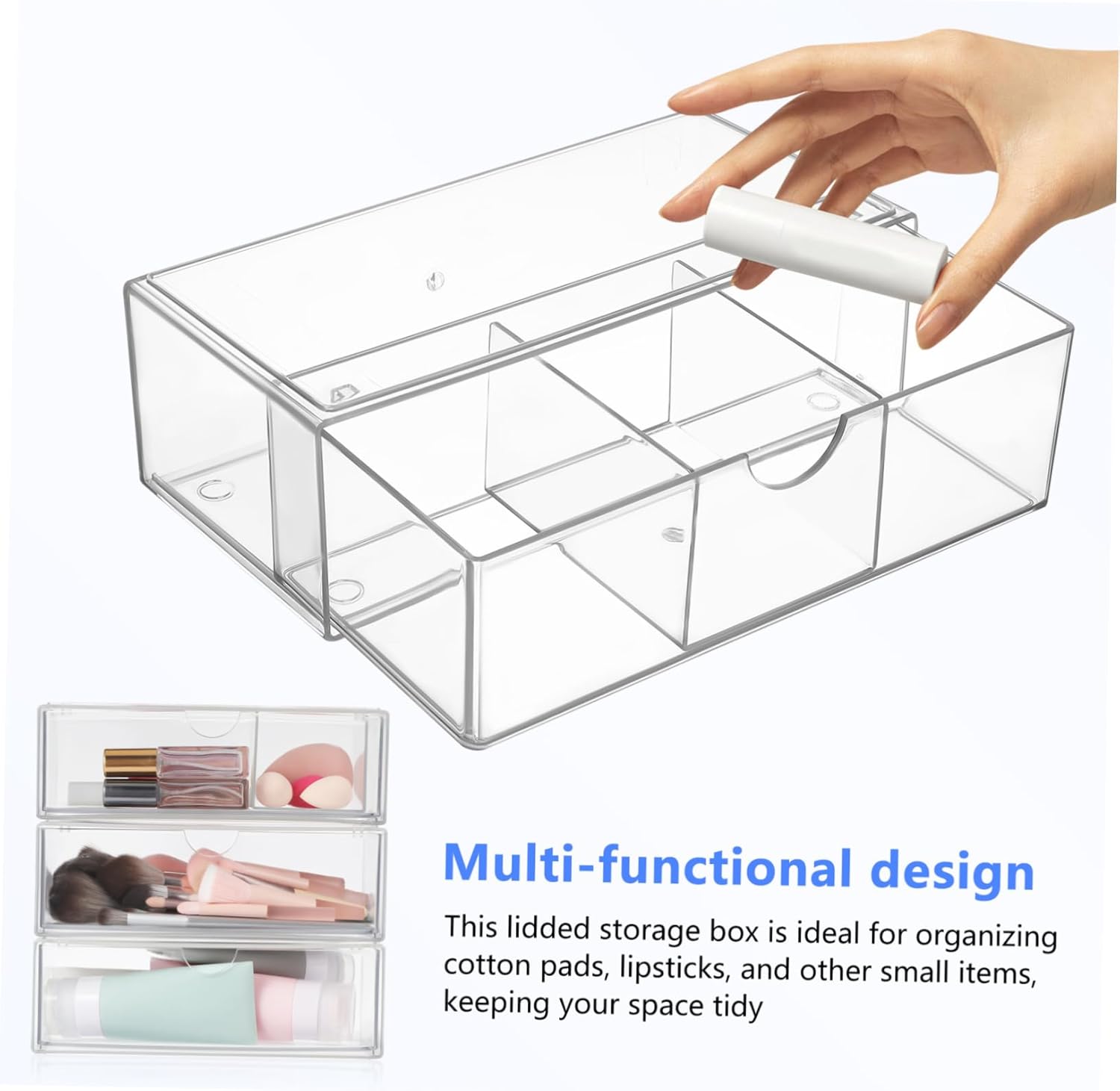 Private Label 3Pcs Clear Makeup Organizer Transparent Vanity Storage Box for Lipsticks Cotton Pads and Cosmetics Stylish and Lidded Makeup Storage for Neat Custom Logo Service