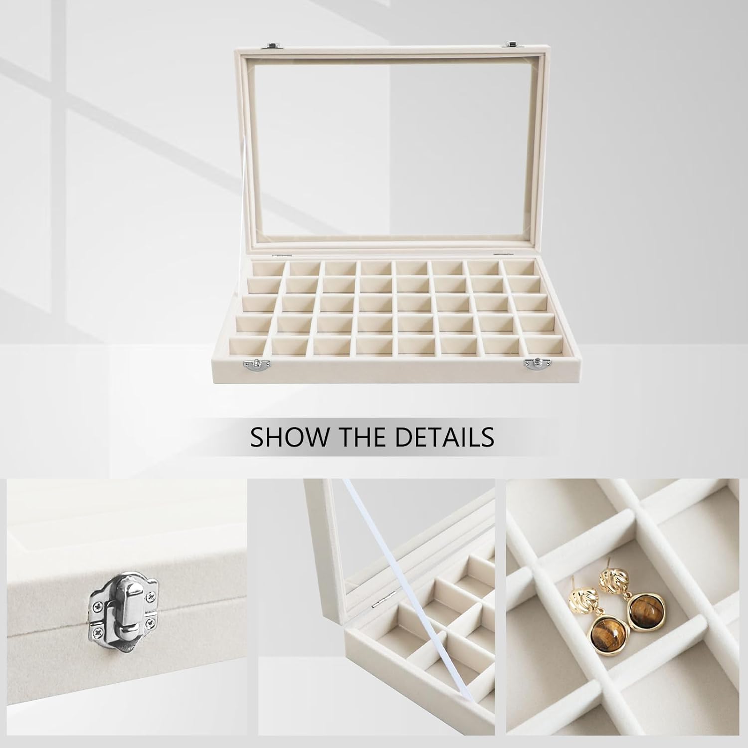 Direct Manufacturer Wudygirl Large Jewelry Organizer Box with 40 Compartments Earring Holder Organizer Velvet Ring Display and Necklace Storage Tray Jewelry Box for Women (Beige Velvet) Low MOQ