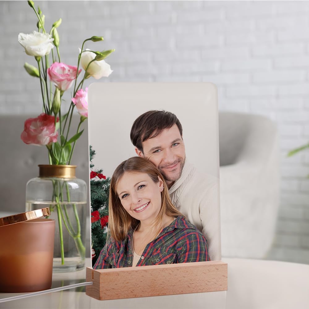 Private Label PYD Life 4 Pack Sublimation LED Acrylic Photo Frames Night Lights Blanks 6" x 8" with Warm Color Light,with Wood Stand for Heat Press Machine Printing Ecommerce Ready Product