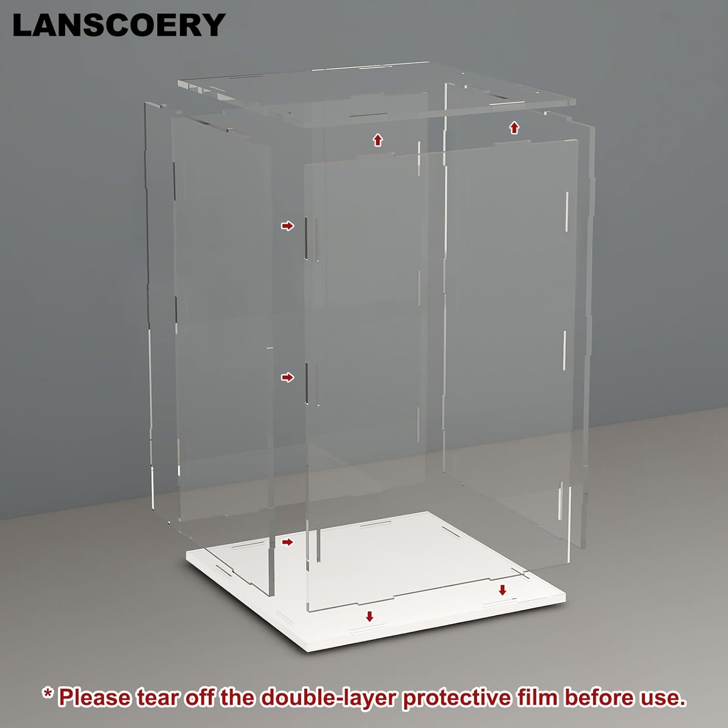 Private Label LANSCOERY Acrylic Display Case, Assemble Small Showcase Display Box for Collectibles, with Dustproof & Seamless Display Design, 4x4x6inch White Base OEM Wholesale Manufacturer