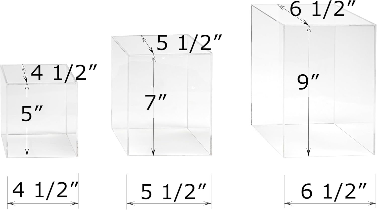 Private Label Red Co. Set of 3 (5", 7", 9") Square Clear Acrylic Event Decor Display Pedestal Stands with Polished Edges OEM Wholesale Manufacturer