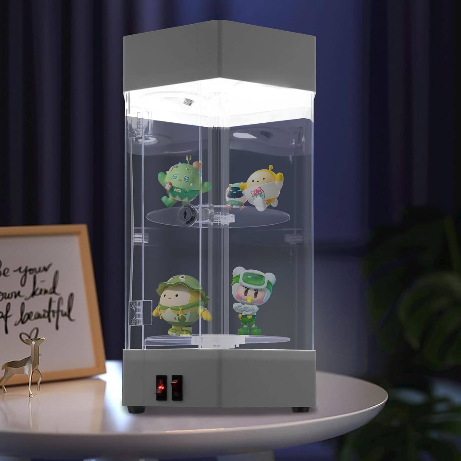Private Label Electric Rotating Display Case Lockable Acrylic Jewelry Display Case Modern Collection Storage Display Cabinet Showcase Jewelry Storage Organizer with LED Lights and Locks for Home Shop, White & Clear Custom Mold Development