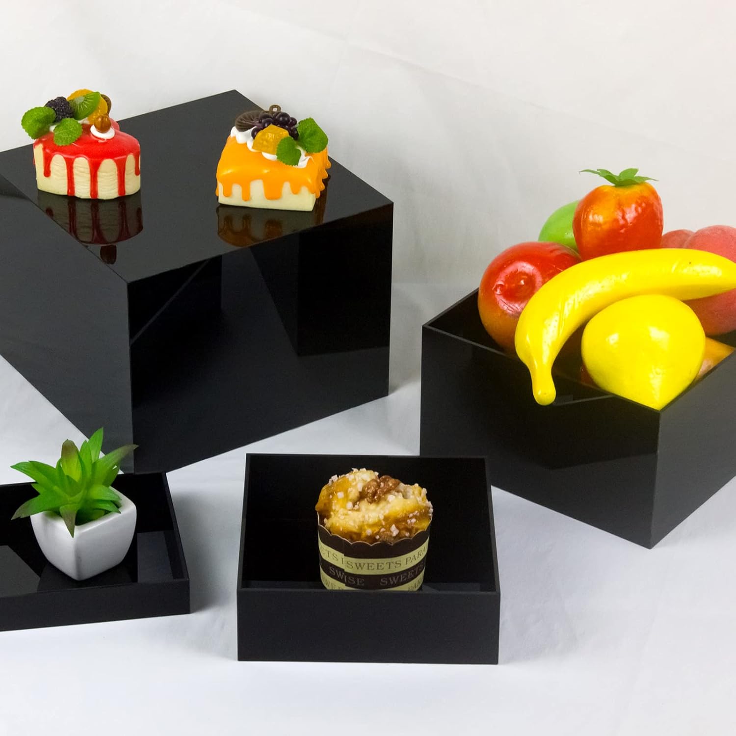ODM Acrylic Cube Display Boxes Pedestals, Black Platform with Hollow One Open Side, Stackable Nesting Risers Stands Shelf for Collectibles Custom Logo Service
