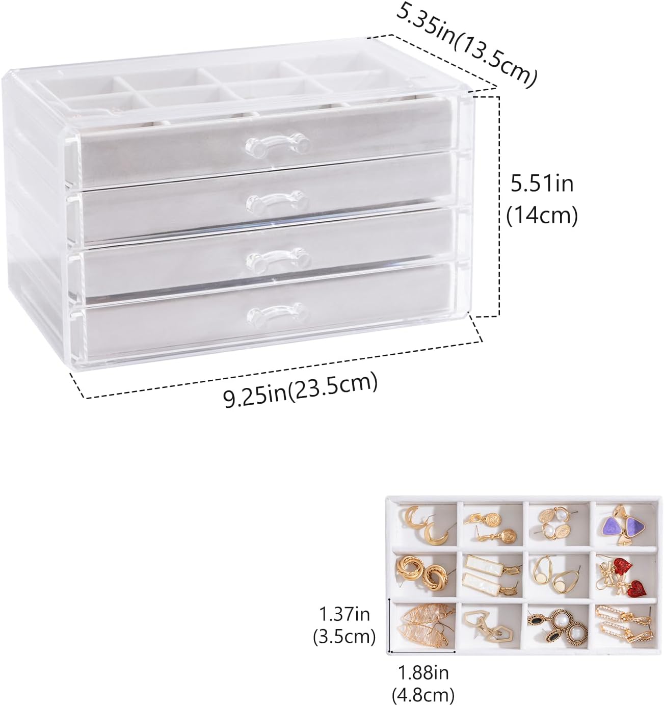 Direct Manufacturer Lolalet Earring Holder Organizer Box Jewelry Storage with 4 Drawers, Clear Acrylic Stackable Earring Case with Adjustable Velvet Trays for Women on Dresser Vanity -Warmwhite, 4 Layers Low MOQ