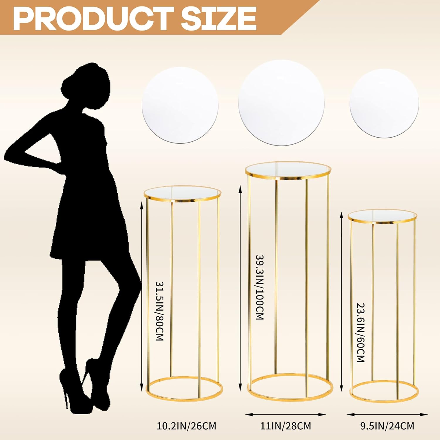 Private Label 3pcs Gold Metal Plant Stand, Cylinder Pedestal Stands for Parties, Metal Plant Columns Pedestal Stands for Display, Round Cylinder Columns tables for Weddings Cake Stand Floor Plant Tables OEM Wholesale Manufacturer