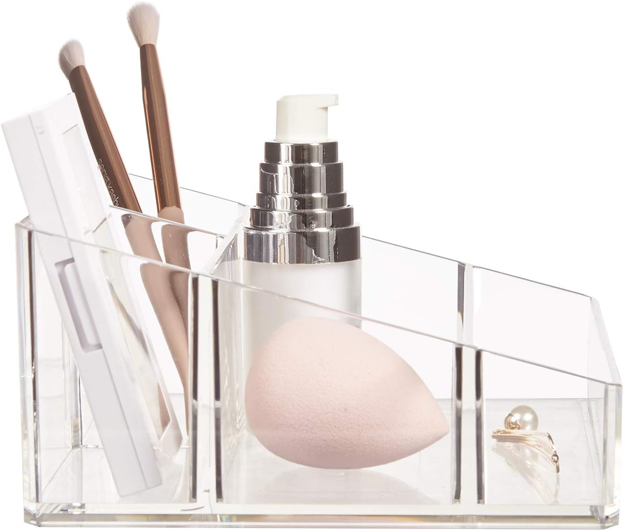 Private Label STORi Clear Plastic Vanity Makeup Organizer | Compact Rectangular 4-Compartment Holder for Brushes, Eyeshadow Palettes, & Beauty Supplies | Made in USA Custom Logo Service