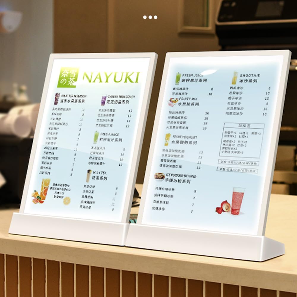 Private Label LED Sign Holder Clear Sign Holder with LED Light Box, Table Menu Display Stand with Color Lights LED Menu Board A4 (color version L shape with white frame) Ecommerce Ready Product