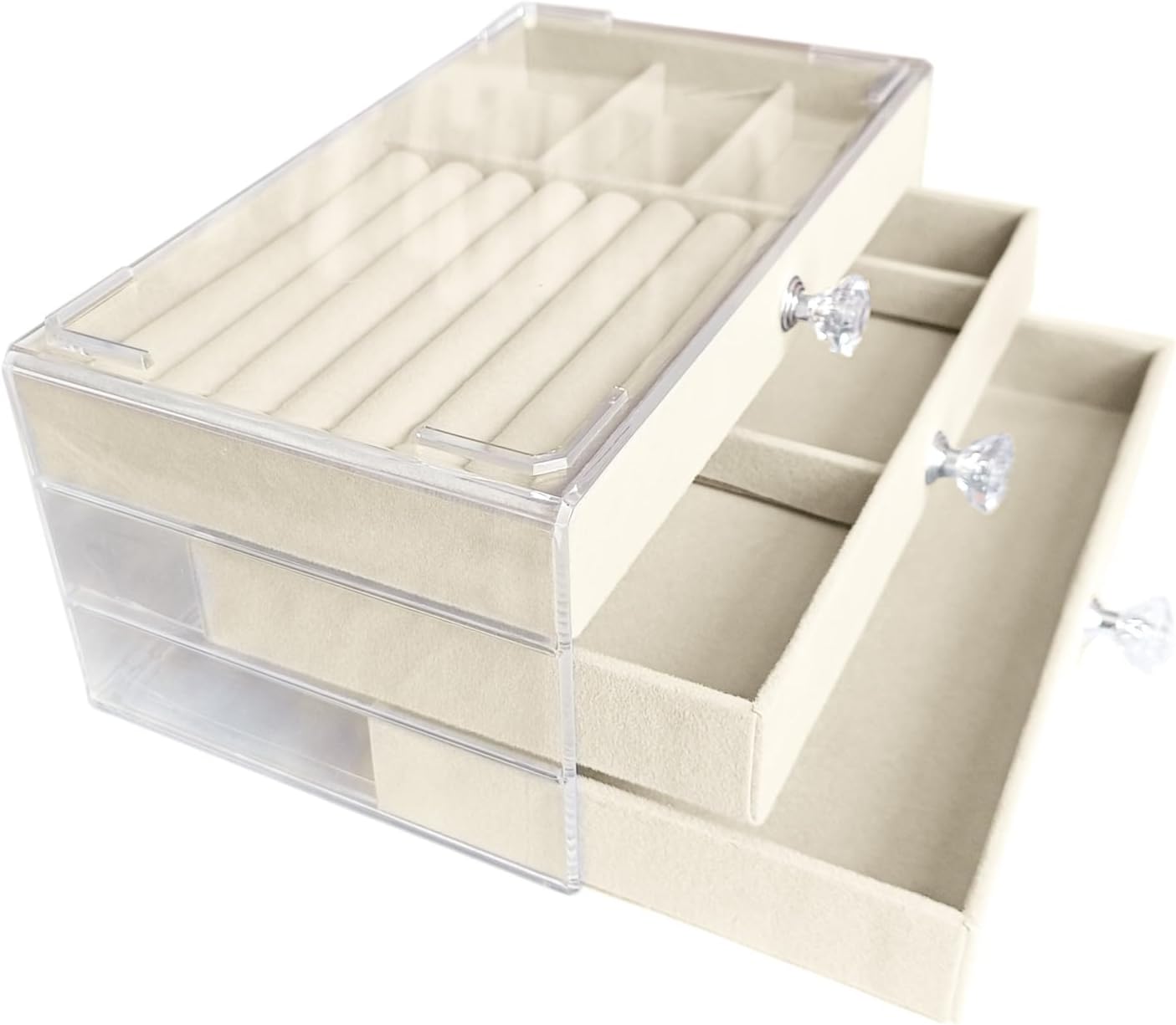 Direct Manufacturer Clear Acrylic Velvet Jewelry Organizer with 3 Drawers, Stackable Display Storage Earrings Necklace Rings Bracelets Box Holder Case for Women, Beige Low MOQ