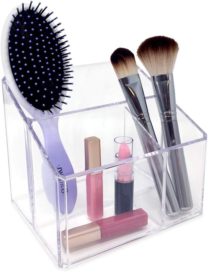 Private Label Isaac Jacobs Clear Acrylic 3-Compartment Organizer, Remote Holder & Multi-Functional Makeup, Brush, Pen & Pencil Storage Solution, for The Home, Bathroom, Office, Child’s Desk (3-Section, Clear) Custom Logo Service