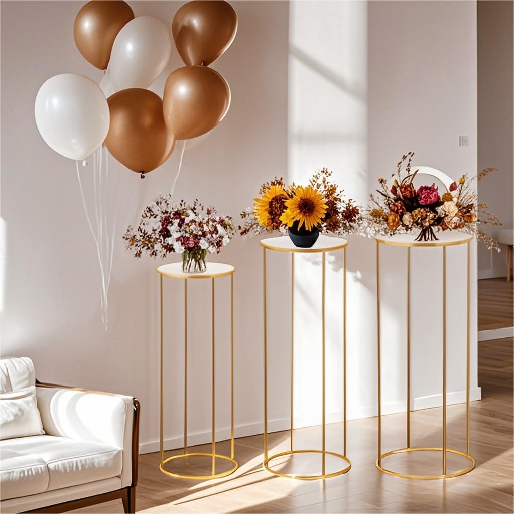 Private Label 3pcs Metal Cylinder Pedestal Stand for Party, Cilindros Para Decoraciones De Fiestas, Round Cake Pedestal Tables for Wedding Display, Event Decor with Floral Plant, Birthday Backdrop- Gold OEM Wholesale Manufacturer