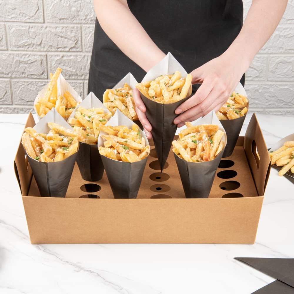 Private Label Restaurantware Cone Tek 14.2 x 8.3 x 5.9 Inch Paper Cone Holders 10 Sturdy Cone Holders - With Handles 30 Slots Kraft Paper Confetti Cone Stand Box Tray For Weddings or Parties Wholesale Manufacturer