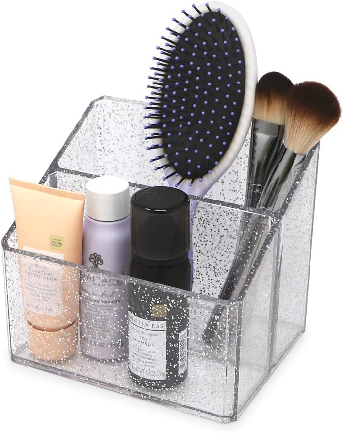 Private Label Isaac Jacobs Clear Acrylic 2-Section Organizer, Remote Holder & Multi-Functional Makeup, Brush, Pen & Pencil Storage Solution, for The Home, Bathroom, Office, Child’s Desk (2-Section, Silver Glitter) Custom Logo Service