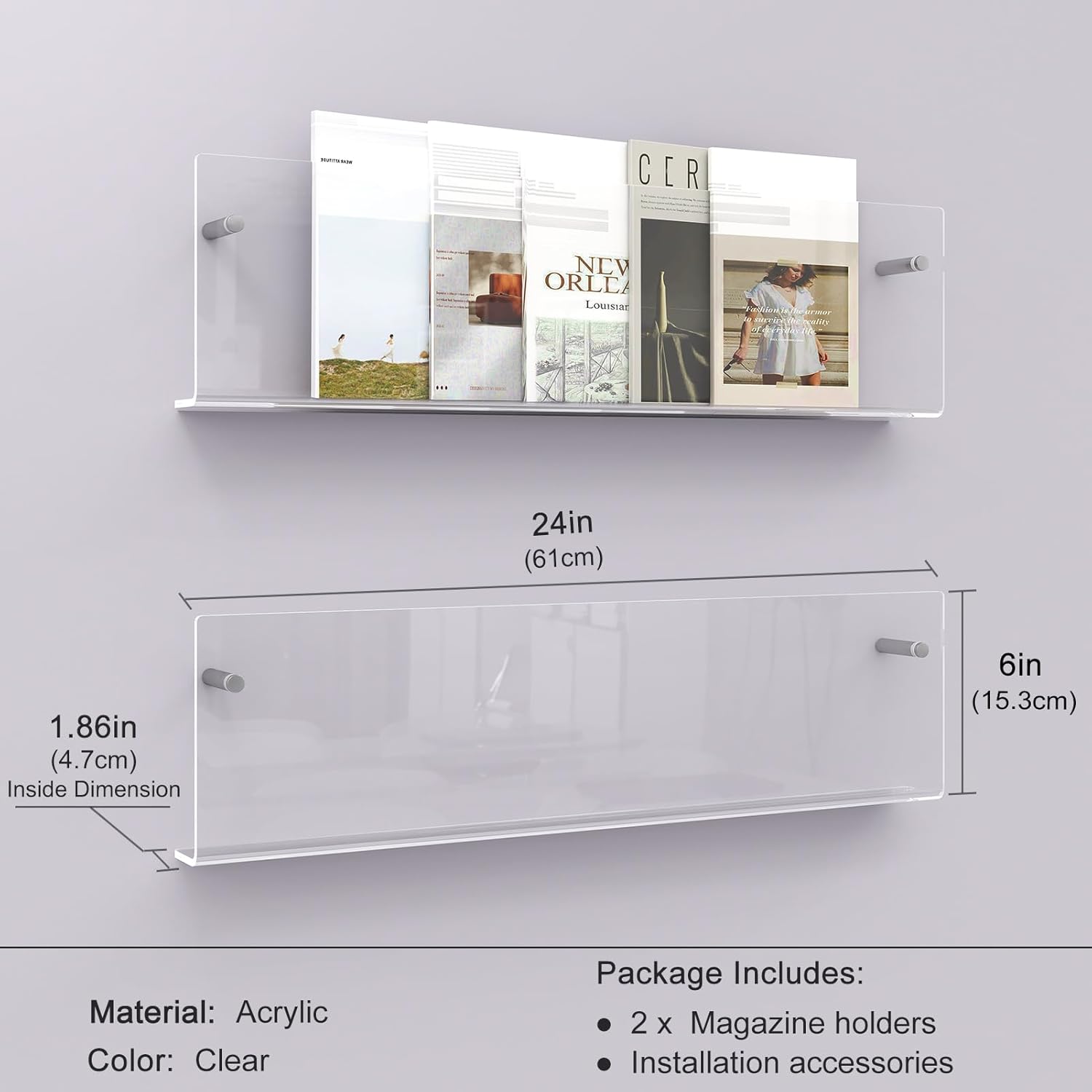 Wholesale Acrylic Magazine Holder, 2 Pack Hanging Bookshelf Magazine Rack, Wall Mounted Floating Brochure Display for Waiting Room, Office, Home (Clear, 24 Inch) China Factory Bulk Supply