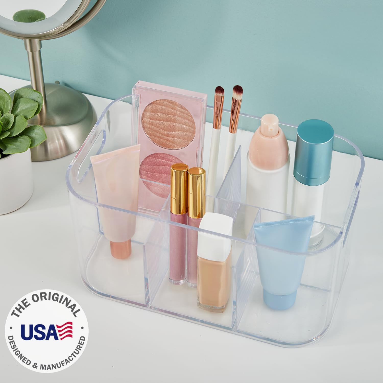 Private Label STORi Bliss 5-Compartment Plastic Cosmetics Storage Organizer | Clear | Rectangular Divided Makeup Bin & Vanity Caddy with Pass-Through Handles | Round Corner Design | Made in USA Factory Direct Price