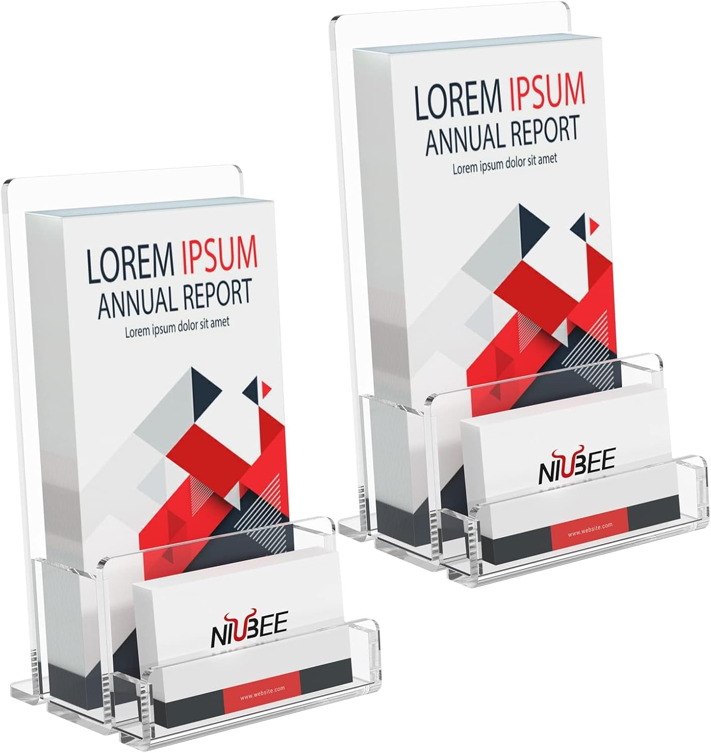 NIUBEE 2-Pack Acrylic Brochure Holder 4‘’ , Clear Brochure Display Stand with Acrylic Business Card Holder, Plastic Flyer Display Stand for Magazine, Pamphlet, Booklets, Menu, Journals, Business Card