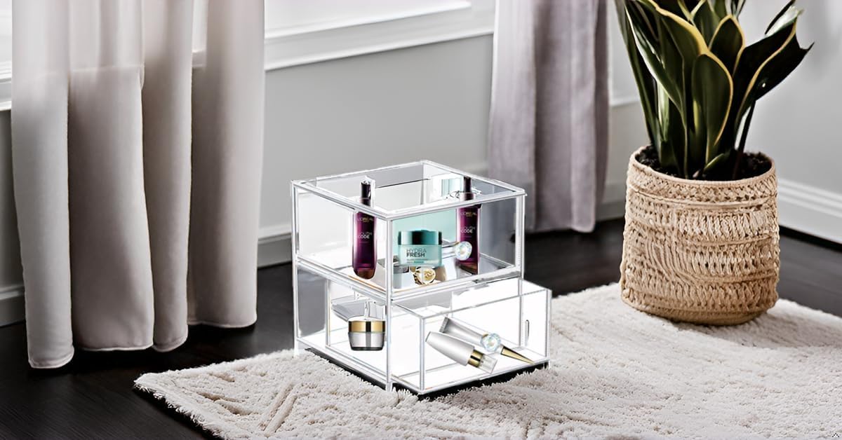 Private Label Acrylic Jewelry Box Clear Jewellery Storage Drawer Transparent Cosmetic Display Stand Holder Home Organizer Tray for Earring Necklace Rings Bracelet Makeup (2 drawer) Custom Logo Service