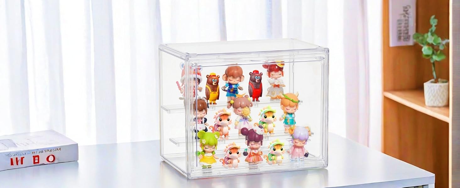 3 Layer Clear Display Case Adjustable Display Box Stand with 2 Movable Dividers 