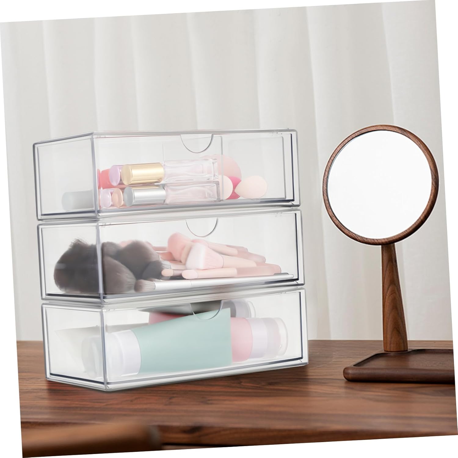 Private Label 3Pcs Clear Makeup Organizer Transparent Vanity Storage Box for Lipsticks Cotton Pads and Cosmetics Stylish and Lidded Makeup Storage for Neat Custom Logo Service