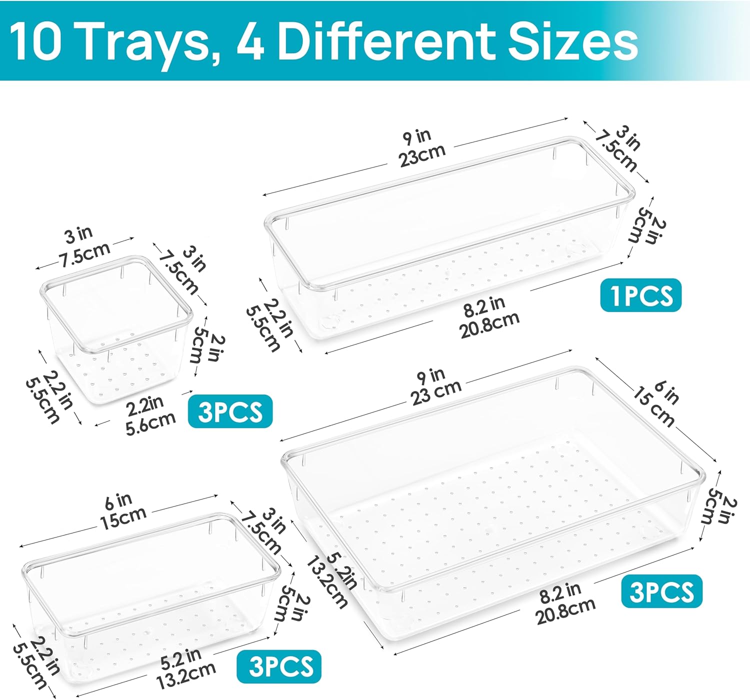Private Label Vtopmart 10 Pcs Makeup Drawer Organizer Bins Set, 4 Size Plastic Makeup and Vanity Organizer Trays, Clear Acrylic Vanity Storage Containers for Cosmetics, Toiletries, Jewelry, Gadgets, Office Supply Factory Direct Price