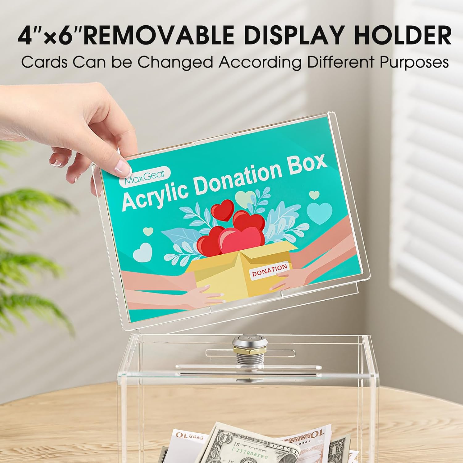 Private Label MaxGear Acrylic Donation Box with Lock and Sign Holder, Clear Ballot Box Donation Boxes for Fundraising (6.2" x 4.5" x 4") with Lock - Clear Custom Mold Development
