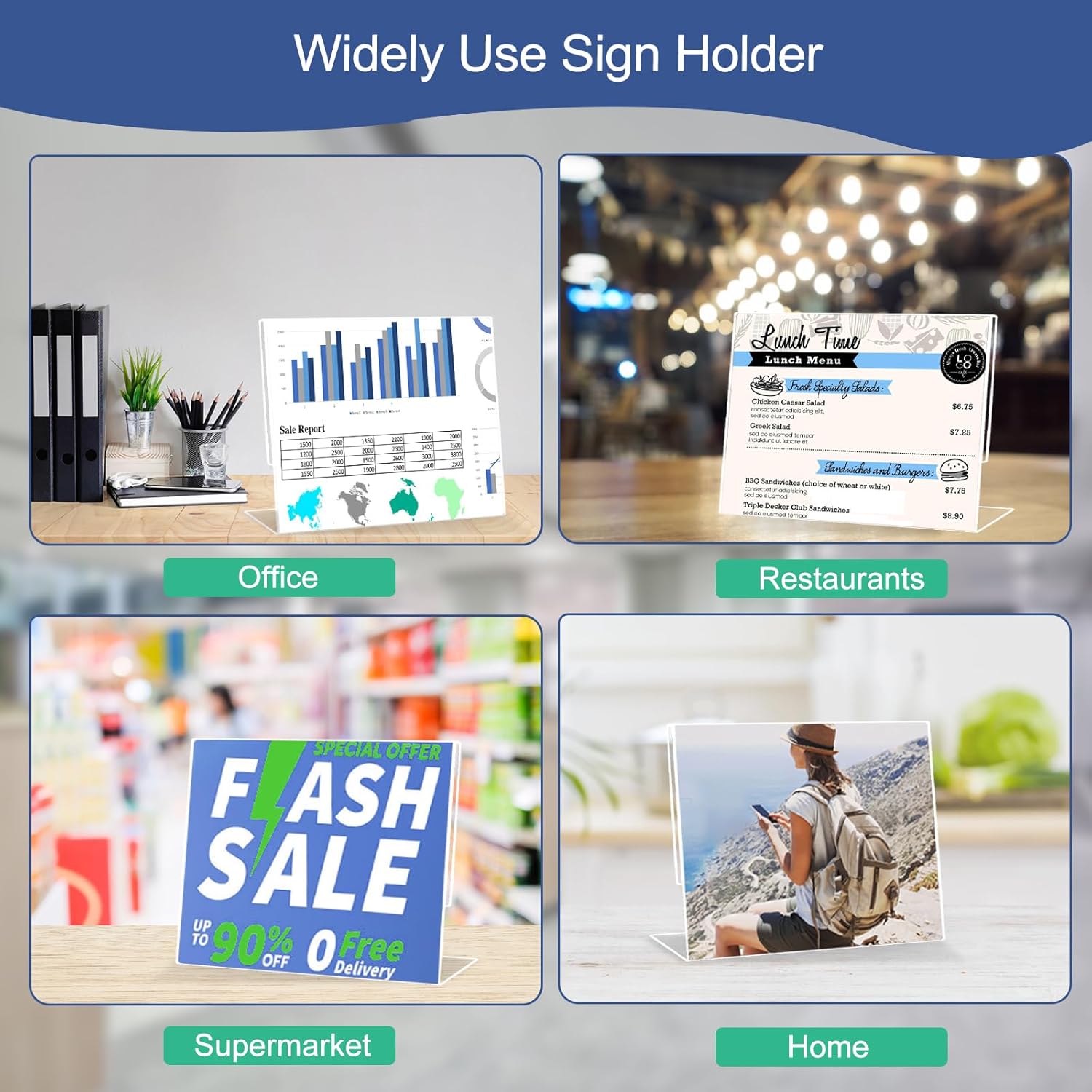 Wholesale Slanted Back Acrylic Sign Holder 5 x 7 Horizontal, Clear Tabletop Acrylic Stands for Display 7 x 5, Plastic Paper Sign Holder for Office, Home, Restaurant (6 Pack 7x5 Inches) China Factory Bulk Supply