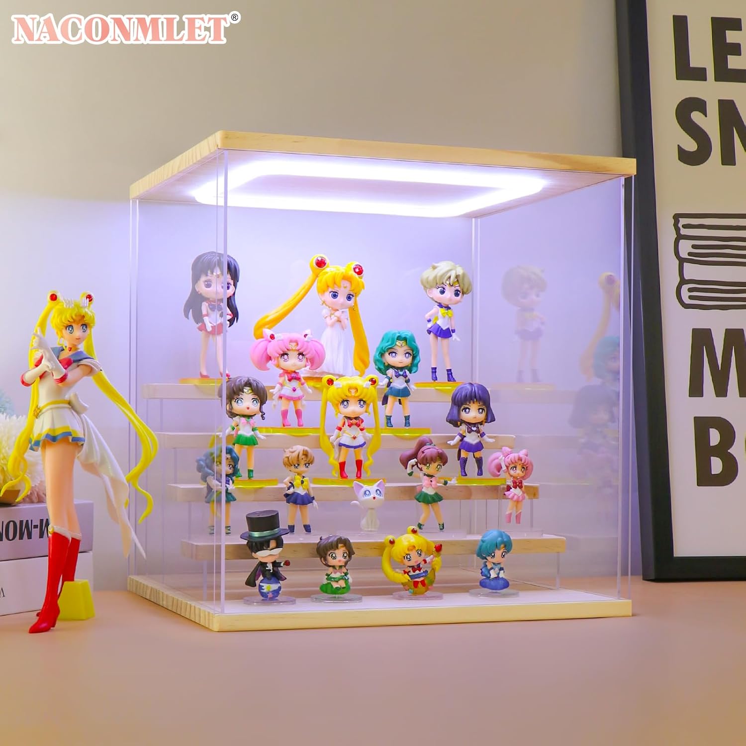 Private Label Clear Acrylic Display Case with Led Light for Figure ,5 Tier Display Stand Dustproof Display Box for Collectibles Organize Storage Box Popmart Doll Toy（5 Tier-W*D*H-12.6"x11.4"x13.3"inches） Ecommerce Ready Product